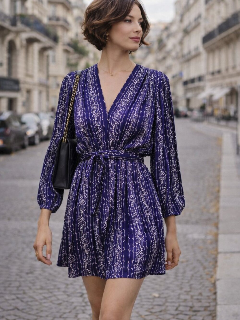 Sandro Angel Mini Dress Blue Floral Belted Long Sleeve NWOT